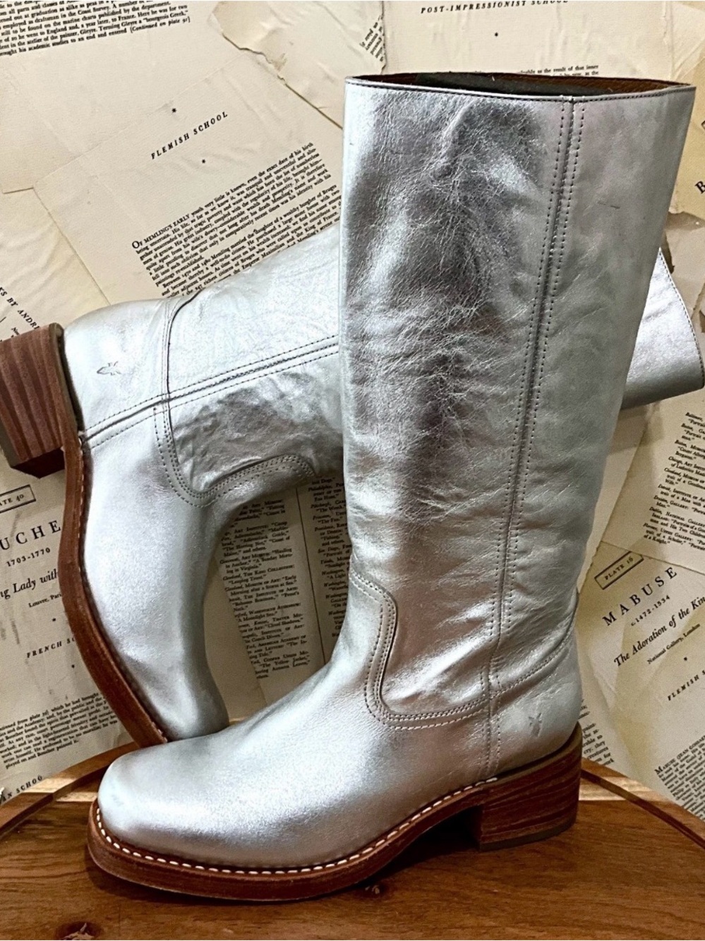 Frye Campus 14L Tall Boots Silver Austin Metallic Pull On - Picture 7 of 12
